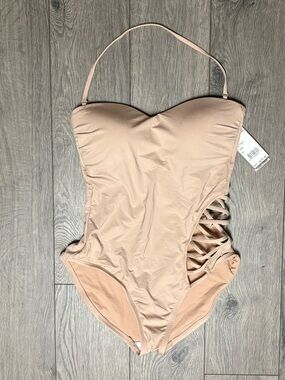 Tan cutout halter neck padded one piece sexy swimsuit